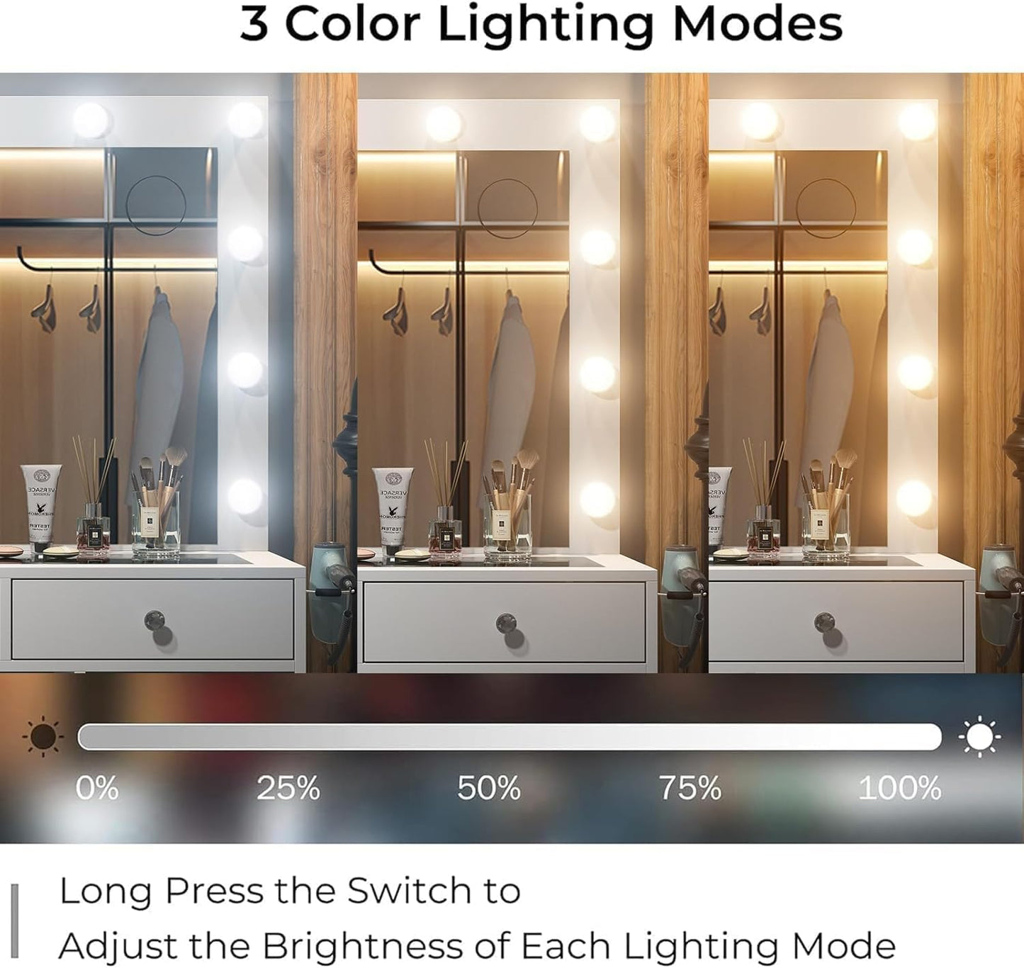 Vanity Desk with Power Outlet, 9 Drawers Makeup Vanity with Mirror and 12 LED Lights, 3 Lighting Modes, Glass Top Vanity Set, Fold-Up Panel, Dressing Table for Bedroom