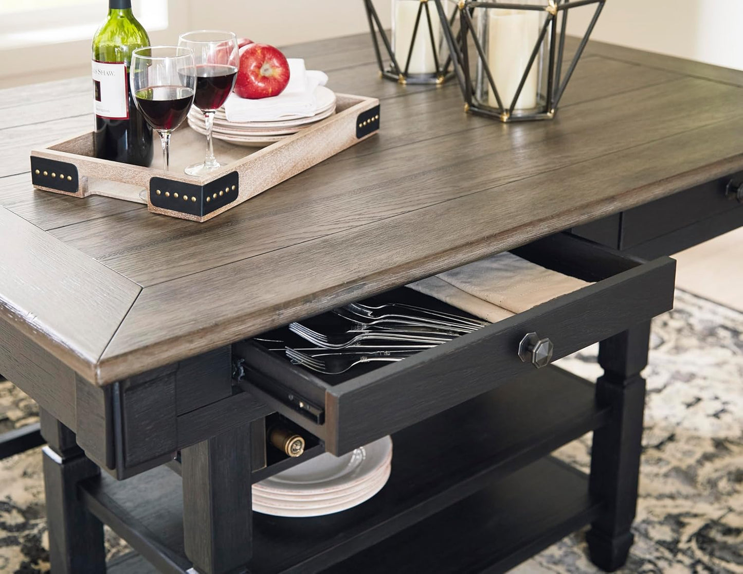 Tyler Creek Farmhouse 36"Counter Height Dining Table with Wine Rack, Amost Black