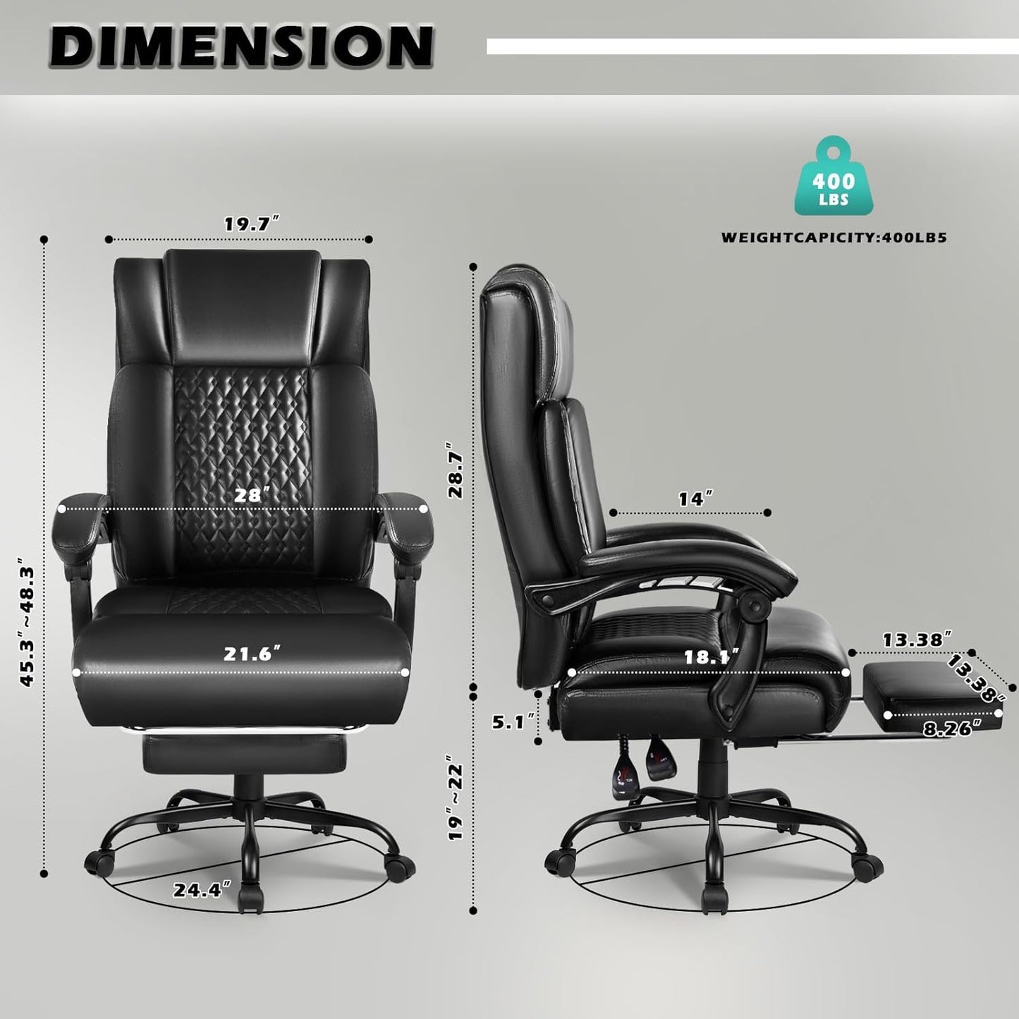 400Lbs Executive Office Chair with Foot Rest, Heavy Duty Big and Tall Desk Chair, Ergonomic High Back PU Leather Computer Chairs (Black)