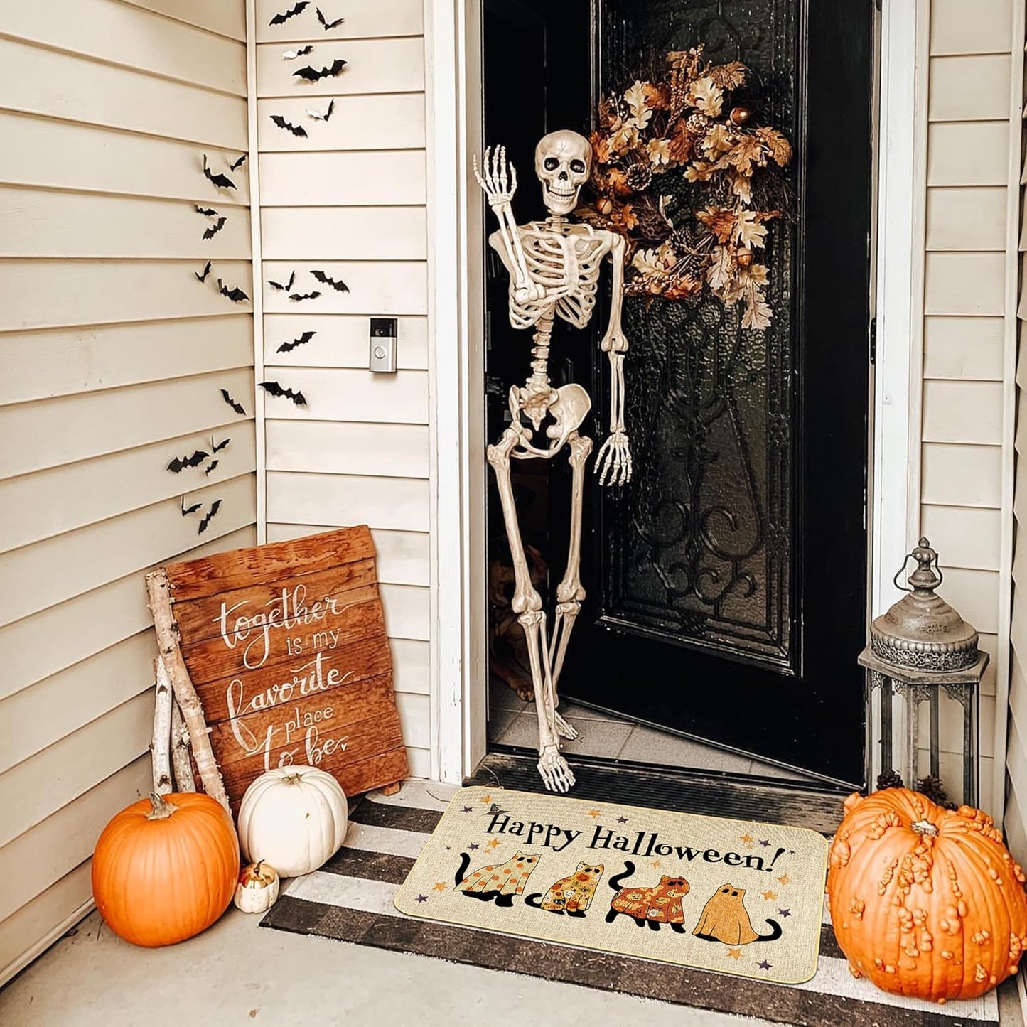 Happy Halloween Doormat Cat Welcome Door Mat Indoor Outdoor Entrance Mat Bathroom Non-Slip Rubber Backed Greeting Halloween Party Decoration 17 X 29 Inches