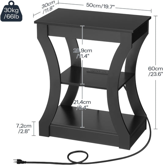 Black End Table with Charging Station, Skinny Side Table with USB Ports and Outlets, Nightstand, 3 Tier Bedside Table with Storage Shelf for Living Room, Bedroom, Small Space ETBK53E01