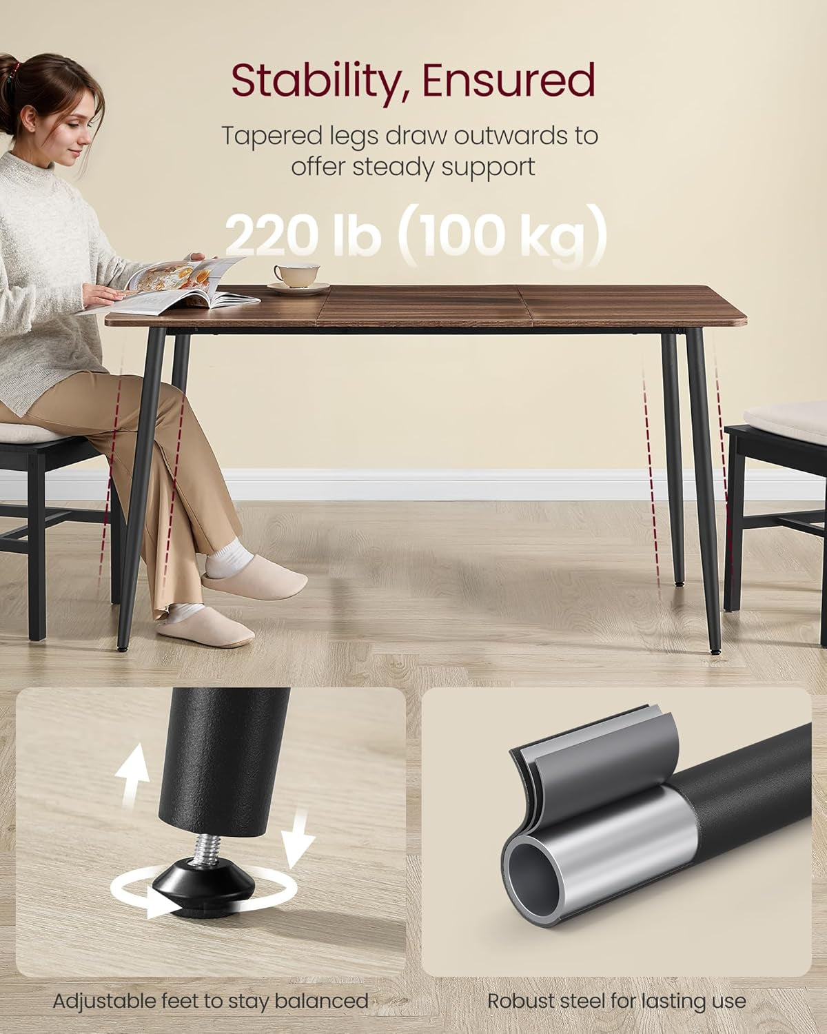 Dining Table, Dining Room Table for 4-6 People, Modern Farmhouse, for Kitchen, Quick Assembly, Heat-Resistant Surface, 29.5 X 55.1 X 29.5 Inches, Natural Walnut and Ink Black UKDT100K02V1