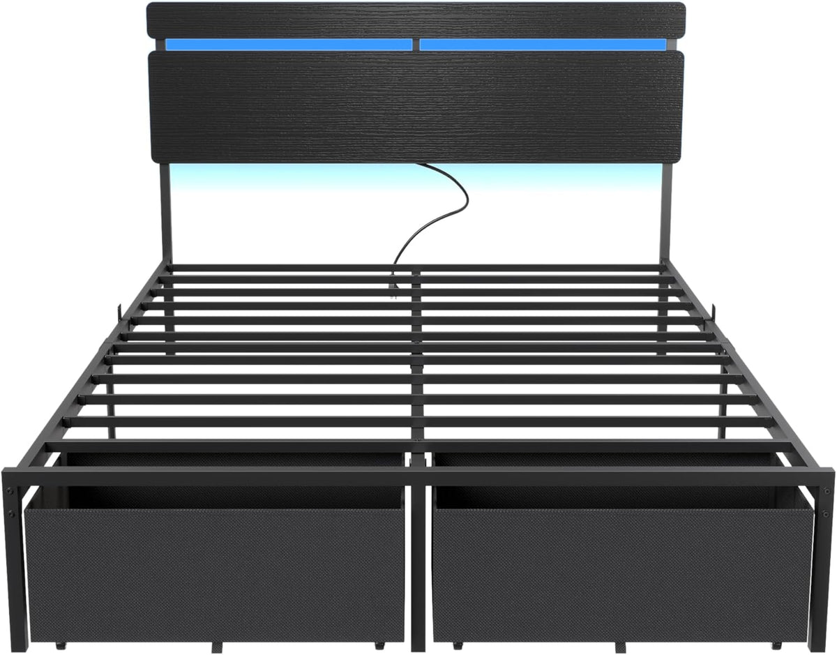 Black queen platform bed with wood headboard, storage drawers and LED lights, view 9