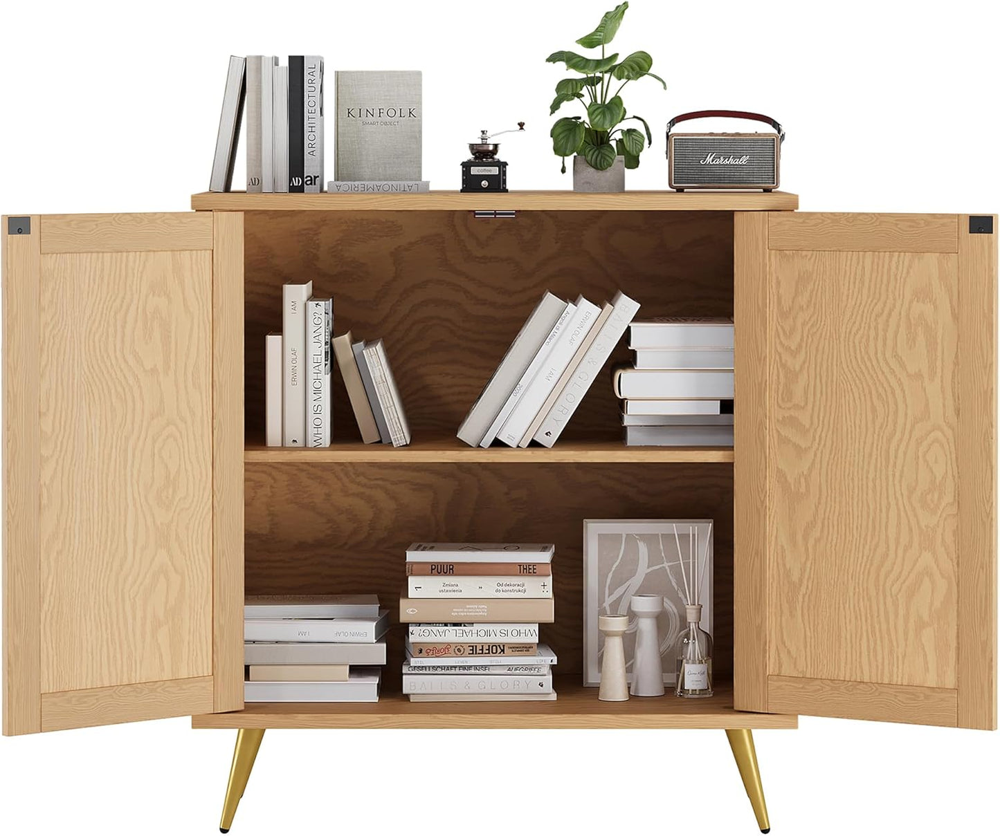 Rattan Buffet Cabinet with Storage, Sideboard Buffet Cabinet with Rattan Decor Doors, Modern Wood Cupboard for Kitchen Living Room Dining Room Hallway Entry, Natural