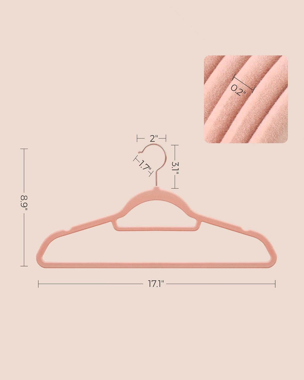 Velvet Hangers, Set of 50 Clothes Hanger with Rose Gold Swivel Hook, Non-Slip, and Space-Saving, 0.2-Inch Thick, 17.1-Inch Long for Coat, Shirt, Dress, Pants, Tie, Coral Pink UCRF21PK50