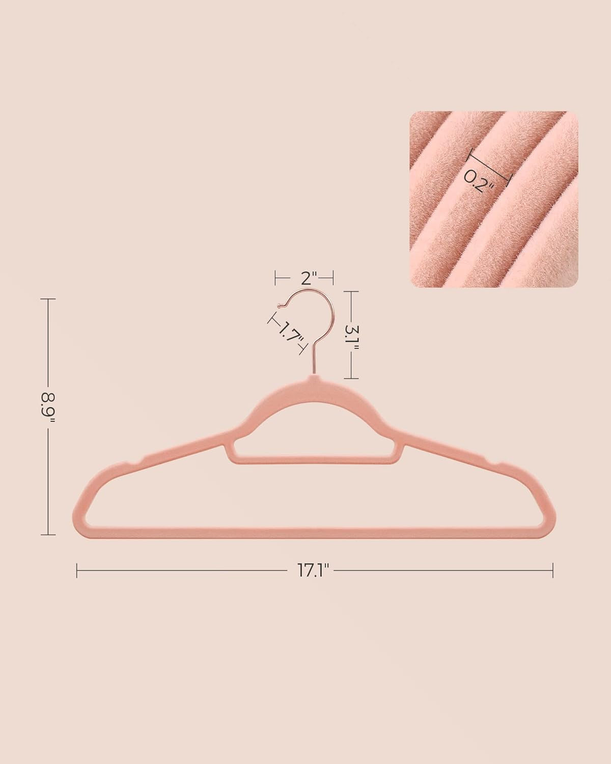 Velvet Hangers, Set of 50 Clothes Hanger with Rose Gold Swivel Hook, Non-Slip, and Space-Saving, 0.2-Inch Thick, 17.1-Inch Long for Coat, Shirt, Dress, Pants, Tie, Coral Pink UCRF21PK50