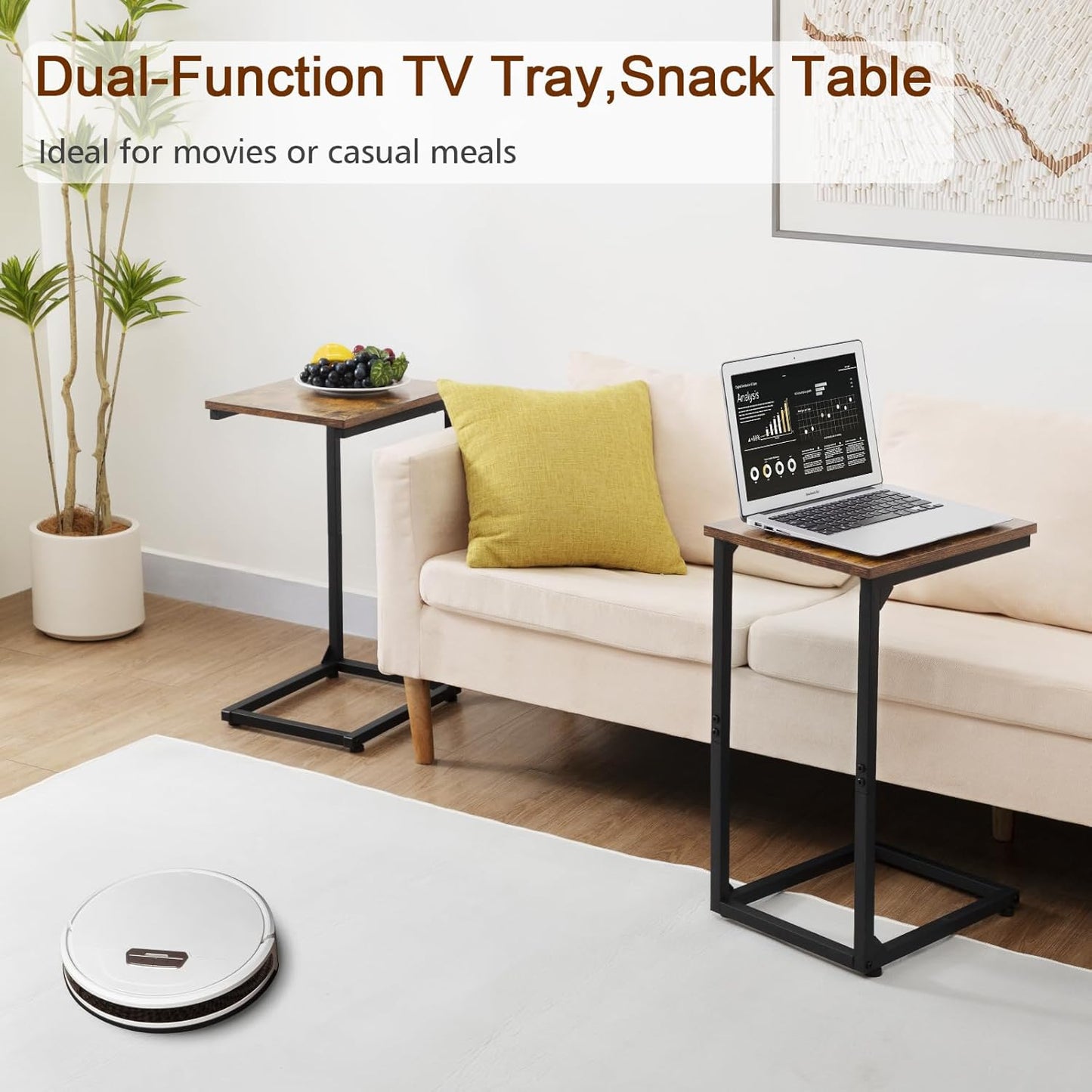C Shaped Side Table, End Tables Living Room Set of 2, Slide under Couch Table for Sofa, TV Trays for Bedroom, Small Space, Rustic Brown HET02CBR