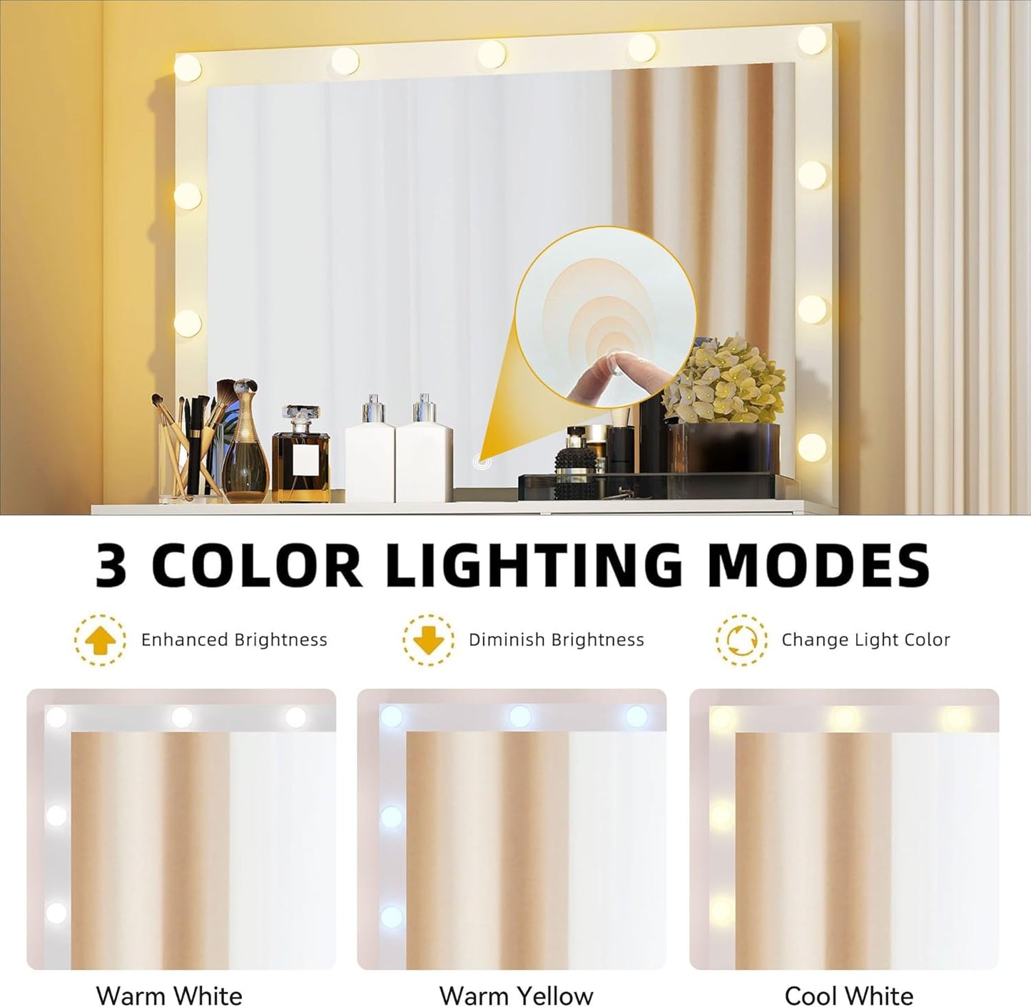 LED Makeup Vanity Table with 3 Light Modes, 4 Storage Drawers, Built-In Power Outlets & Hairdryer Holder, Dressing Table with Cushioned Stool