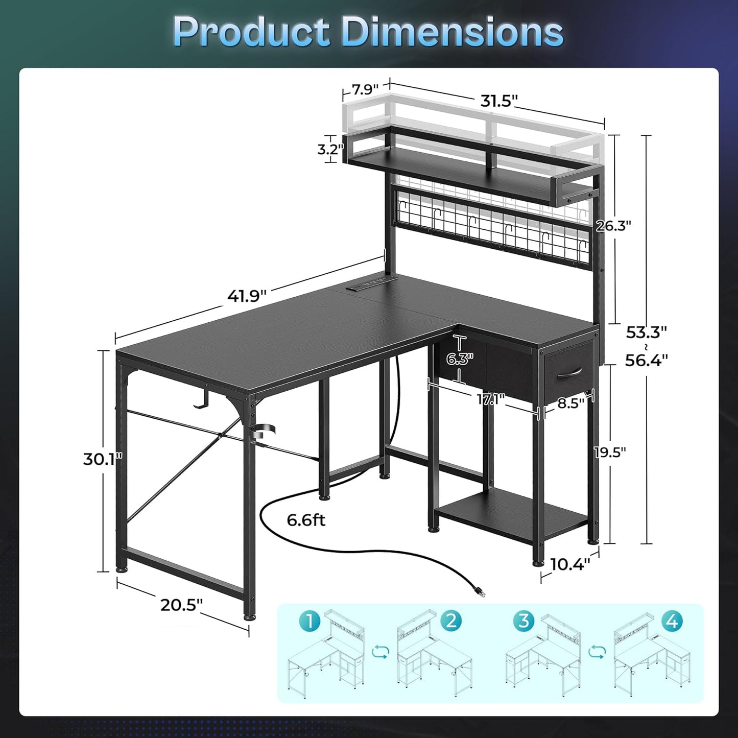 L Shaped Gaming Desk with Shelves, Corner Computer Table with LED Lights, Power Outlets and USB-C Ports, 42 Inch Reversible Home Office Desk with Storage Drawer, for Work and Study, Black