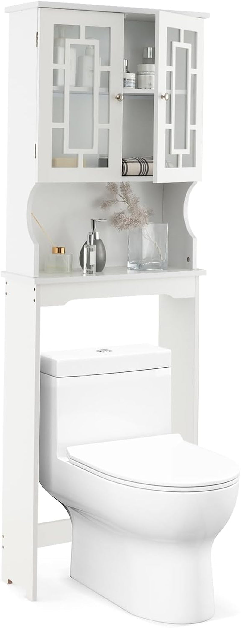 over the Toilet Storage Cabinet, Bathroom Shelf over Toilet, Double Door Bathroom Storage Cabinet Organizer with Adjustable Shelf, Open Shelf (White)