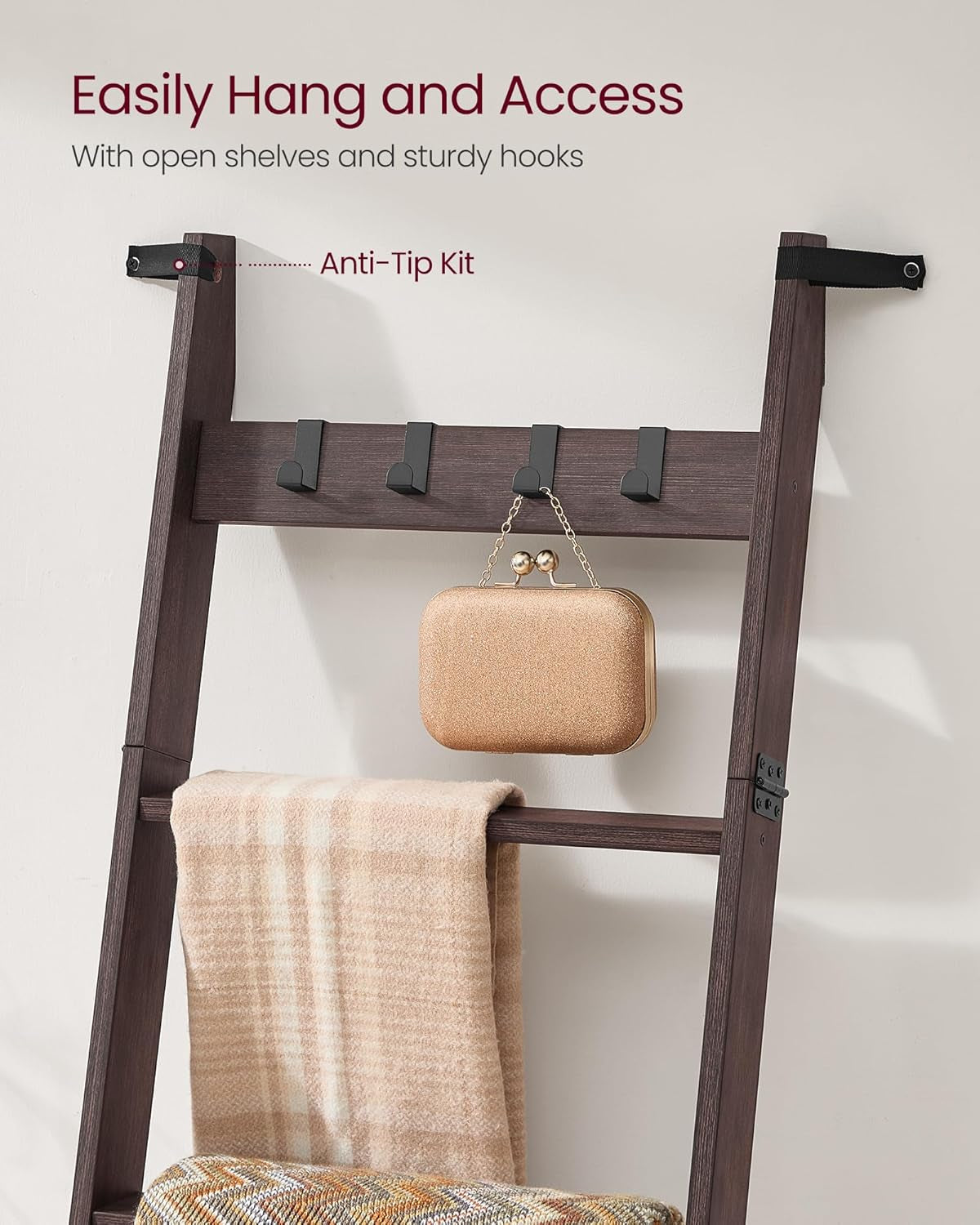 Blanket Ladder Shelf, 6-Tier Ladder Rack for Storage and Decor with 4 Removable Hooks, Decorative Farmhouse for the Living Room, Maroon Brown ULLS038K01