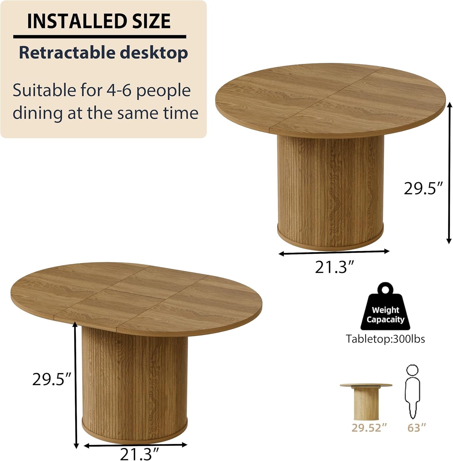 43.3''-59'' Extendable round Dining Table for 4, Modern Farmhouse Expandable Dining Table with Wood Strip Base for Kitchen Living Room,Natural