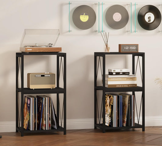 3-Tier Record Player Stand with Vinyl Record Storage, Turntable Stand Record Shelf Display Table for Album, Turntable Holder, End Table for Bedroom, Living Room, Black