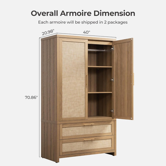 Rattan Armoire Wardrobe Closet Cabinet, 71" Tall Wardrobe Storage Cabinet with 2 Drawers and Hanging Rod, Boho Large-Capacity Deep Armoire Clothes Organizer for Bedroom, Cloak Room, Oak