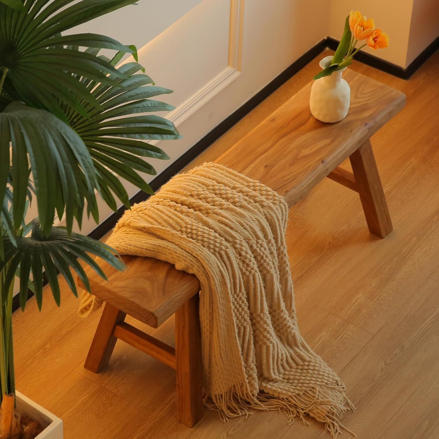 Wooden Bench Indoor – Rustic Farmhouse Narrow Entryway Bench with Slim Skinny Design, Natural Solid Wood, Perfect for Dining Room, Bedroom, or End of Bed, 31.5In Length