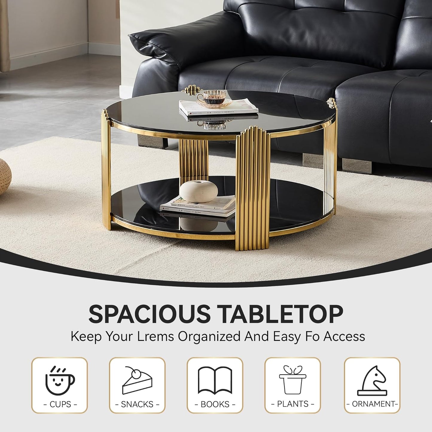 Round Living Room Table Set of 3 Include 1 Coffee Table and 2 End Tables, Black Tempered Glass Top, Sturdy Steel Frame, Gold Finish & Lower Shelf, Black Gold Coffee End Table Set for Living Room