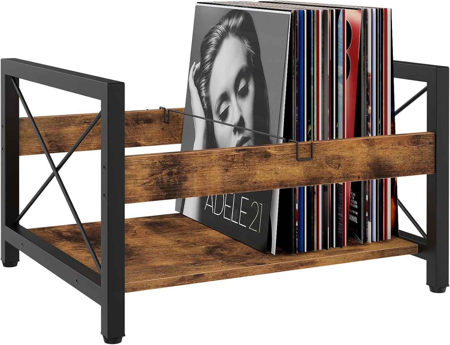 Vinyl Record Holder, Wooden Record Crate Fits 7” -12” Records, Vinyl Shelf Holds up to 50-100 Albums, Dvds, Cds or Files Wood Book Storage Stand Desktop Organizer Box, Rustic Brown