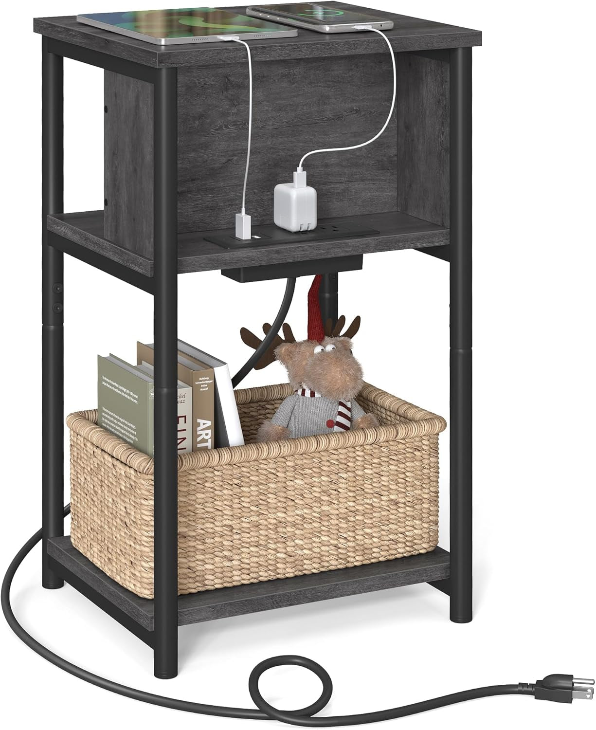 Side Table with Charging Station, 3-Tier End Table with USB Ports and Outlets, Nightstand for Living Room, Bedroom, 11.8 X 13.4 X 22.8 Inches, Plug-In Series, Misty Gray and Black