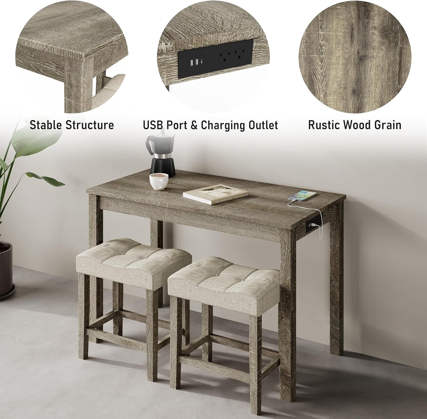 3-Piece Counter Height Bar Table Set with Socket and 2 Fabric Padded Bar Stools, Tall Kitchen Breakfast Dining Table Set with Stools (1+2 Natural)