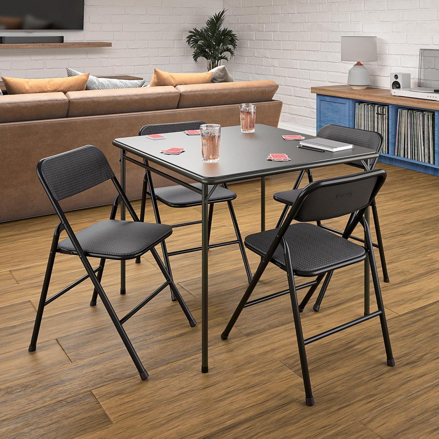 products Premium 5-Piece Table & Chair Dining Set, with 34" Vinyl Top Card Table and 4 Fabric Padded Seat & Back Folding Chairs, Black