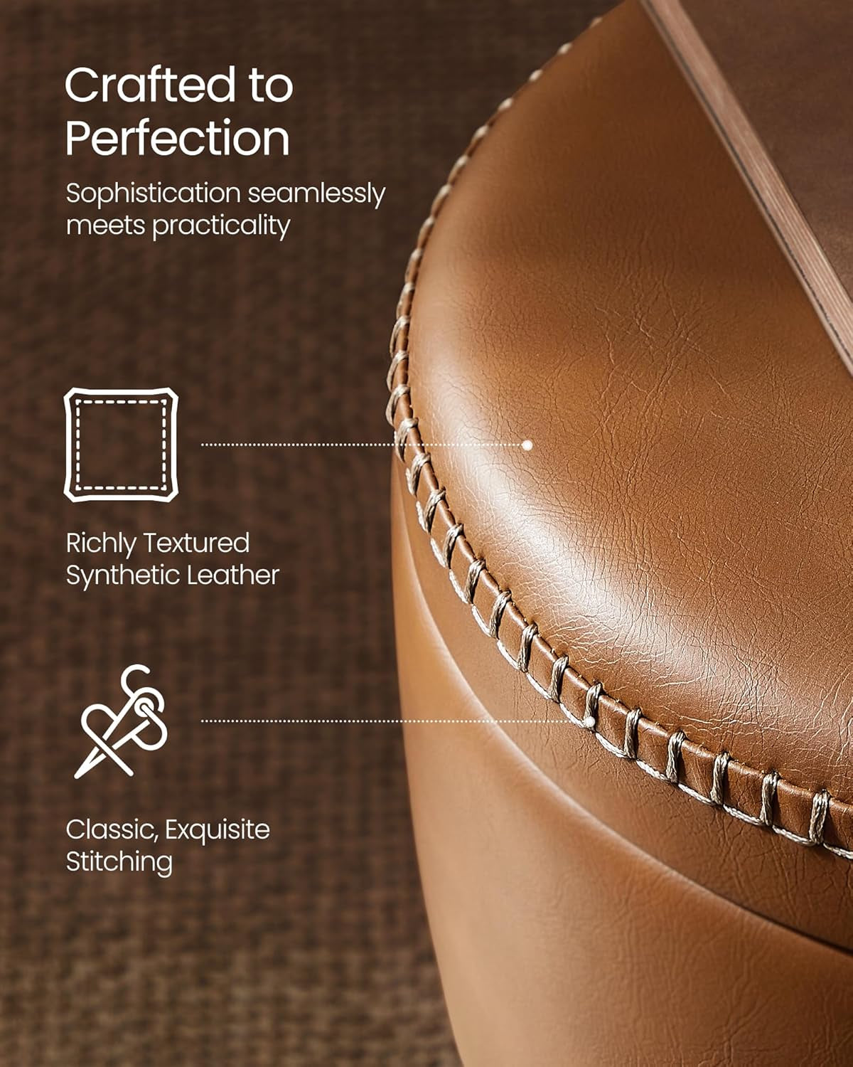 EKHO Collection - Storage Ottoman, Vanity Chair Stool, Synthetic Leather with Stitching, Mid-Century Modern, round Storage Seat with Steel Legs, Loads 330 Lb, Caramel Brown ULOM005K01