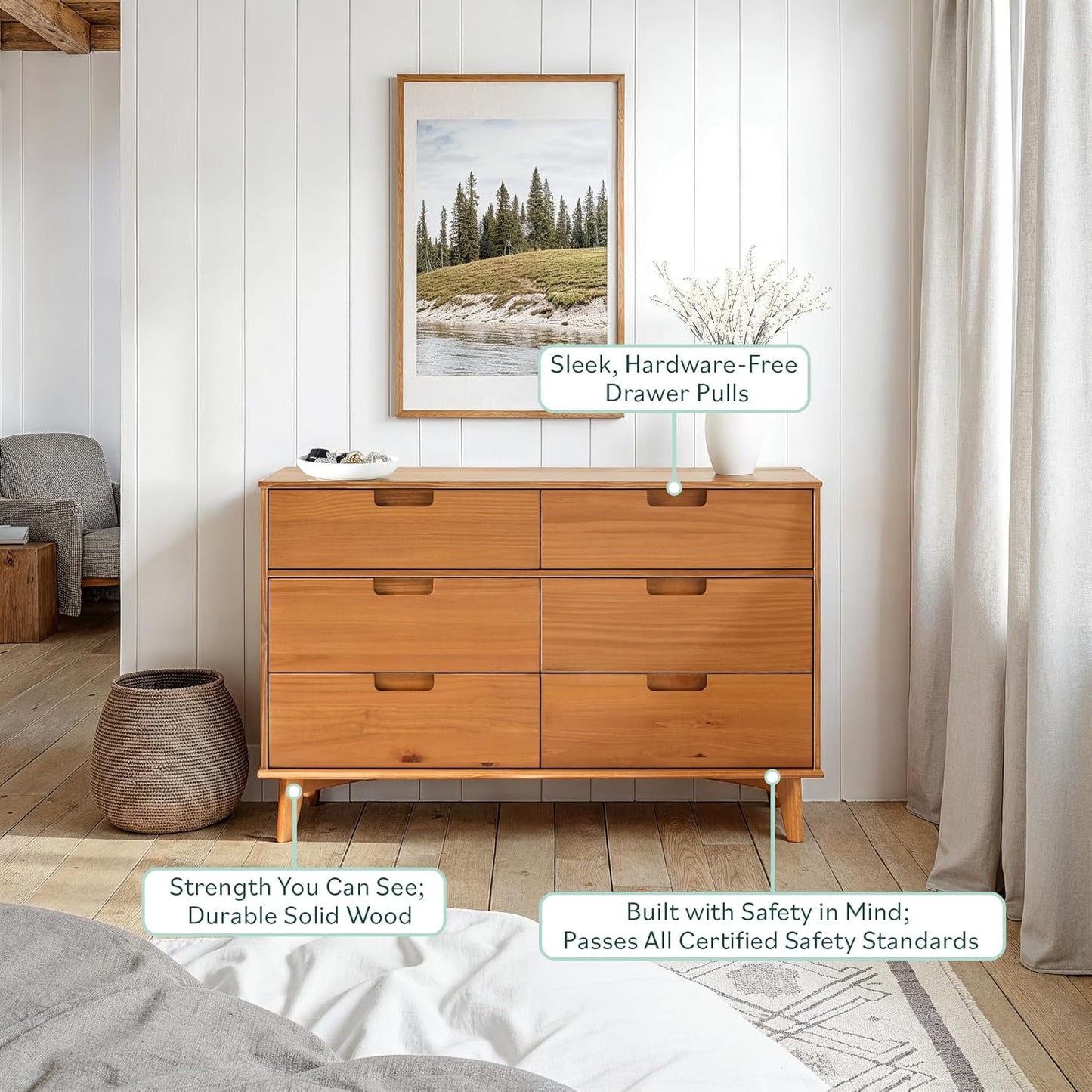 Sloane 6-Drawer Groove Handle Solid Wood Dresser, 52 Inch, Caramel
