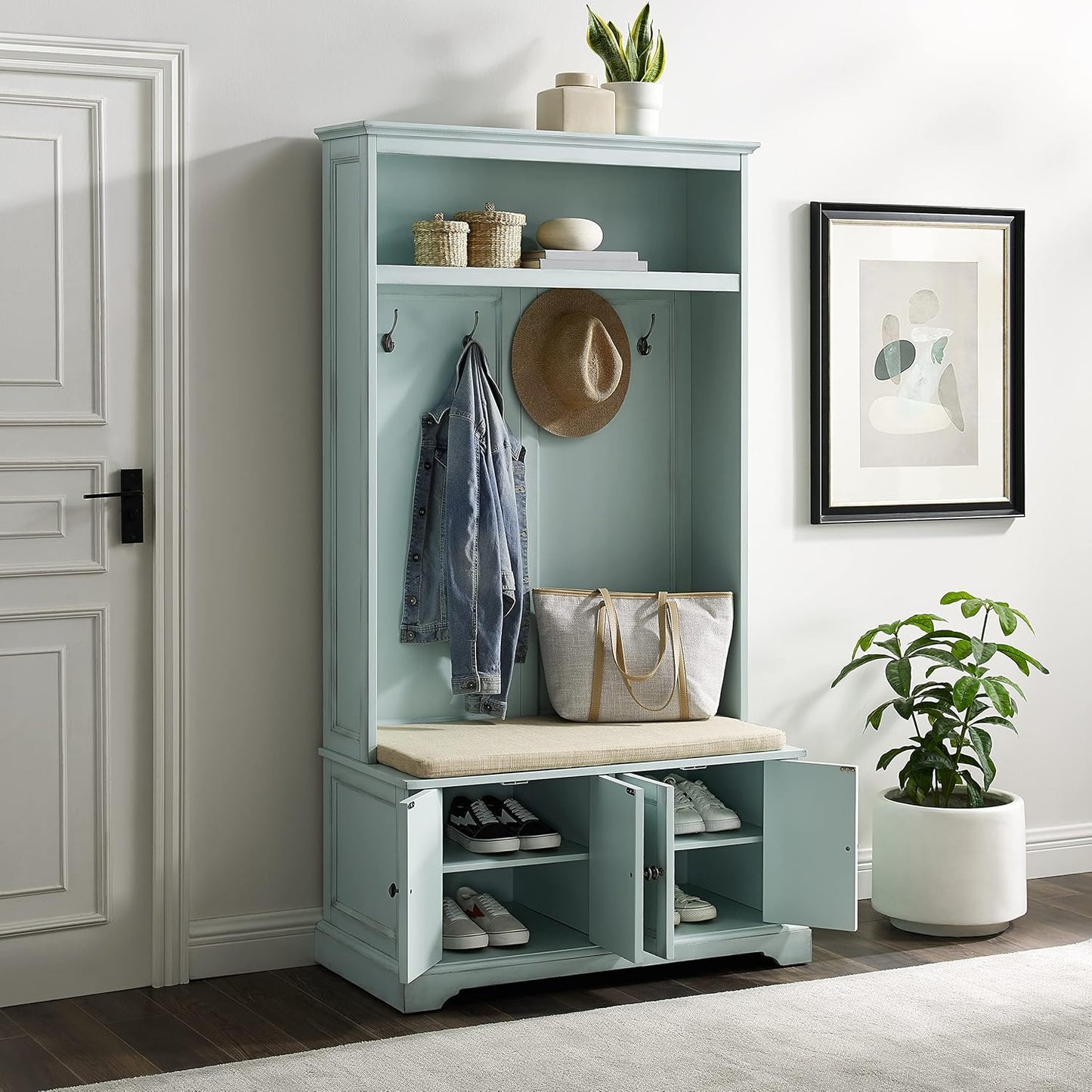 Holbrook Hall Tree with Shoe Rack Bench and Coat Hooks for Hanging Storage, Distressed Seafoam Blue