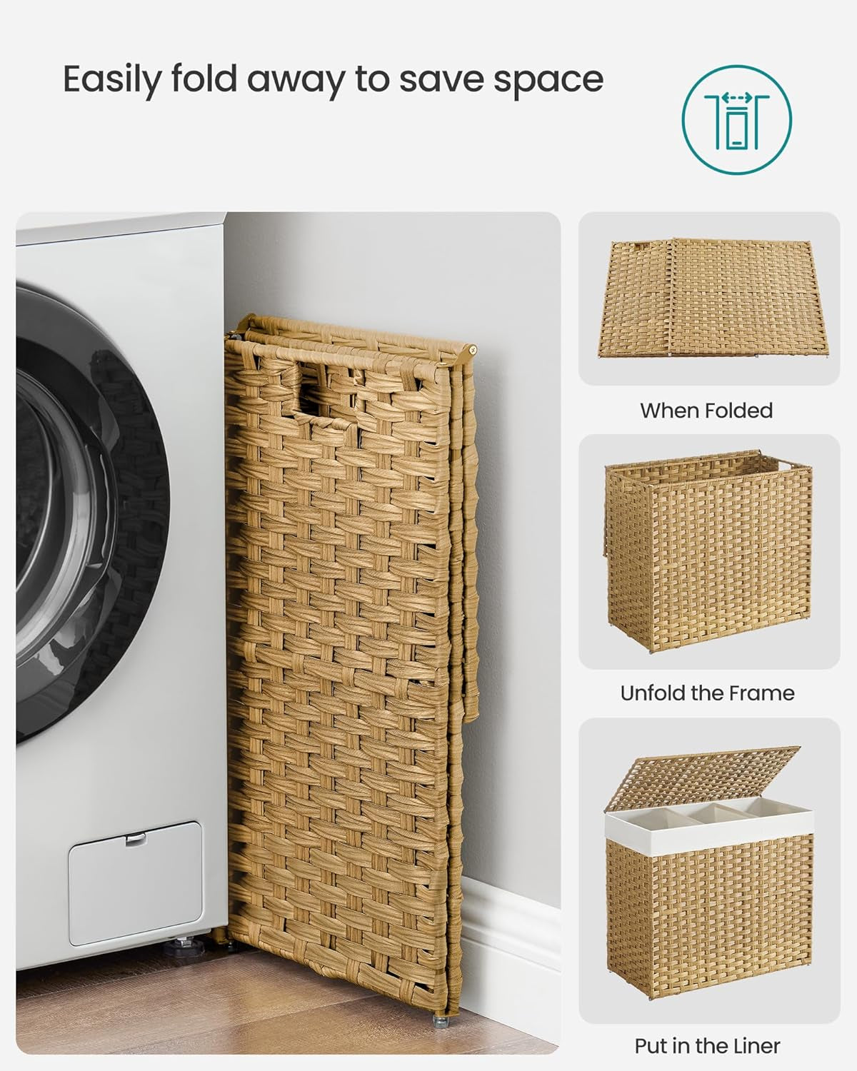 Laundry Hamper with Lid, 42.3 Gallons (160 L), Rolling Laundry Basket with Wheels, 3-Section Synthetic Rattan, Removable Liner, Bedroom, 29.9 X 13 X 26 Inches, Natural ULCB365N01
