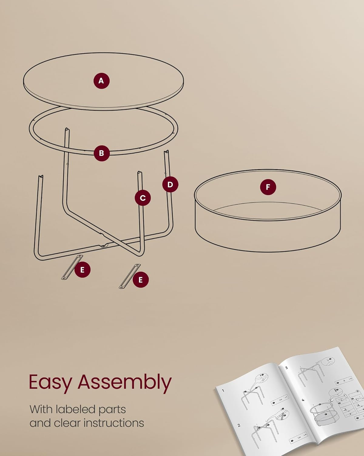 Coffee Table with Storage, round Center Table for Living Room with Fabric Basket, Modern Style, Metal Frame, Matte White and Camel Brown ULCT244W10