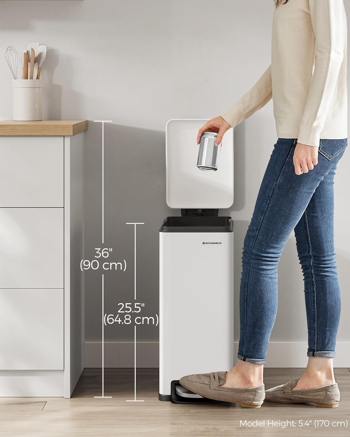 Slim Trash Can, 13-Gallon (50 L) Garbage Can for Narrow Spaces with Soft-Close Lid, Inner Bucket, and Step-On Pedal, Stainless Steel, 15 Trash Bags Included, White ULTB510W48