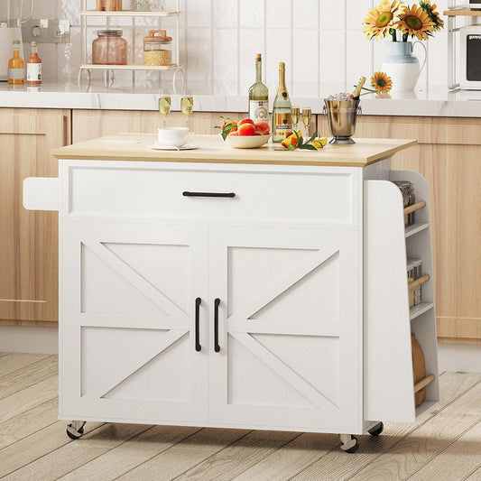 Kitchen Island Table with Storage, Rolling Kitchen Cart with Power Outlet, Storage Cabinets on Wheels with Drop Leaf, Portable for Dining Room, White