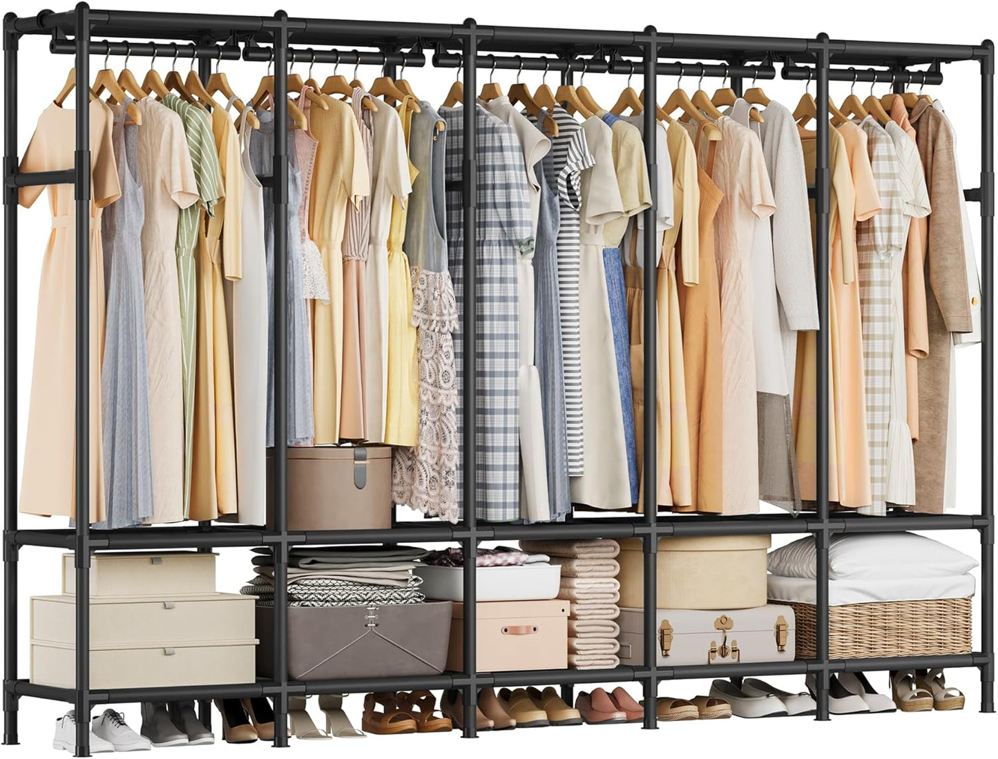 Wardrobe Closet, 83.5 Inch Large Capacity Portable Closet, Clothing Rack, 25 Mm Dia,Thick Steel Tubes, Clothes Organizer with Fabric Cover, 5 Hanging Rails, 10 Shelves, Ink Black URDR095B01