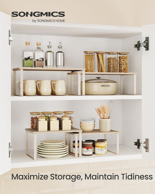 Cabinet Organizer Shelf, Set of 2 Kitchen Counter Shelves, Kitchen Storage, Spice Rack, Stackable, Expandable, Metal and Engineered Wood, Travertine Beige and Cream White UKCS020L01