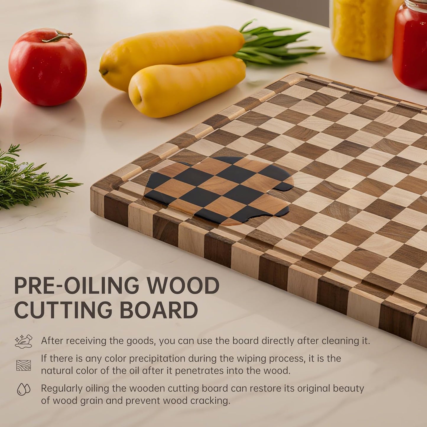 Cutting Boards for Kitchen, Checkered Cutting Board Upgraded, Acacia Wood Chopping Board with Juice Grooves & Handles, Large Butcher Block Serving Tray with Gift Box, 16.5" X 11.6" X 0.8"