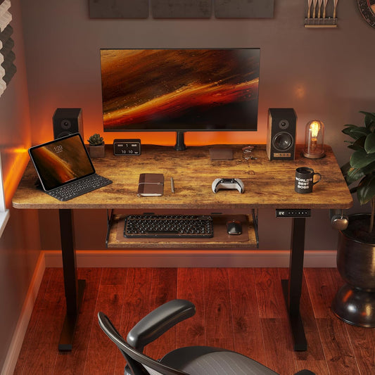 Standing Desk with Keyboard Tray, 55 X 24 Inch Adjustable Height Sit Stand Desk with Memory Presets for Home Office, Ergonomic Computer Workstation, Rustic Brown
