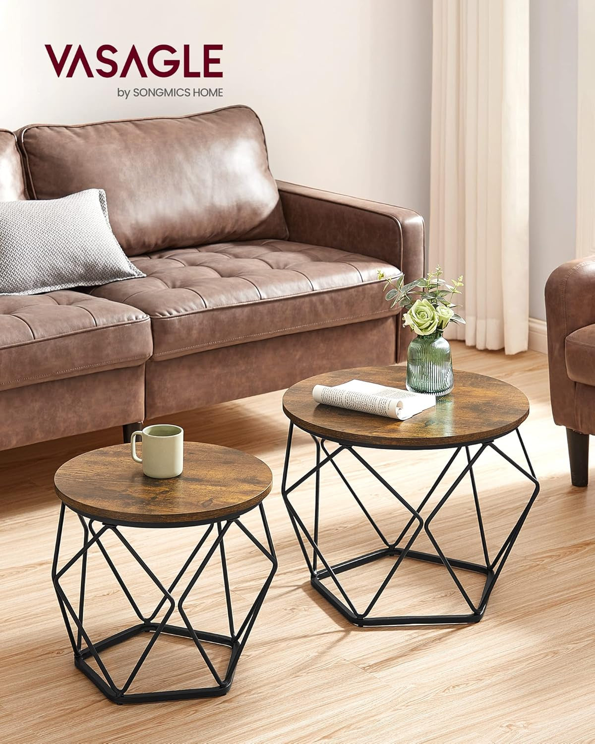 Small Coffee Table Set of 2, round Coffee Table with Steel Frame, Side End Table for Living Room, Bedroom, Office, Rustic Brown and Ink Black