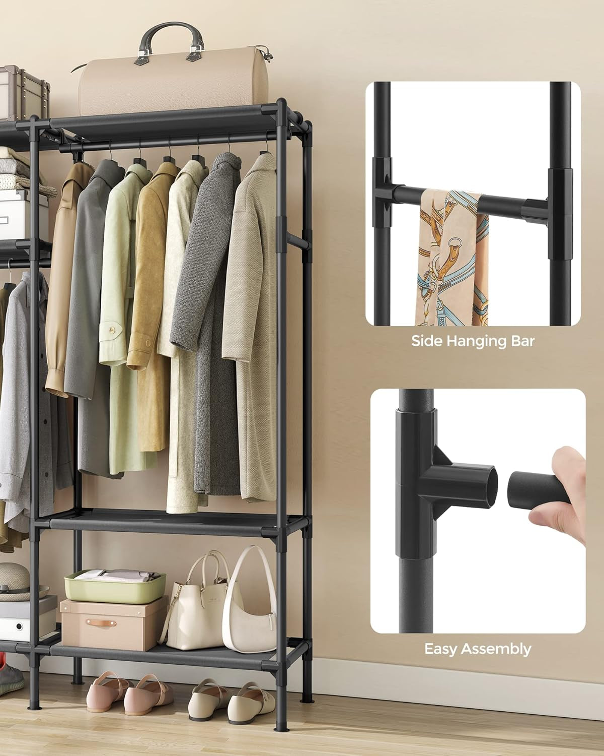 Heavy Duty Clothes Rack, 65 Inch Freestanding Portable Wardrobe with Hanging Rails and Shelves, Total Load 242 Lb, Easy Assembly, for Cloakroom, Bedroom, Black URDR201B02
