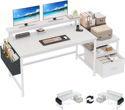 57" Computer Desk with Drawers and Printer Space,Office Desk with Power Outlets,Home Office Desks with File Drawers Cabinet,Study Writing and Gaming Desk with Shelves Monitor Stand,Black