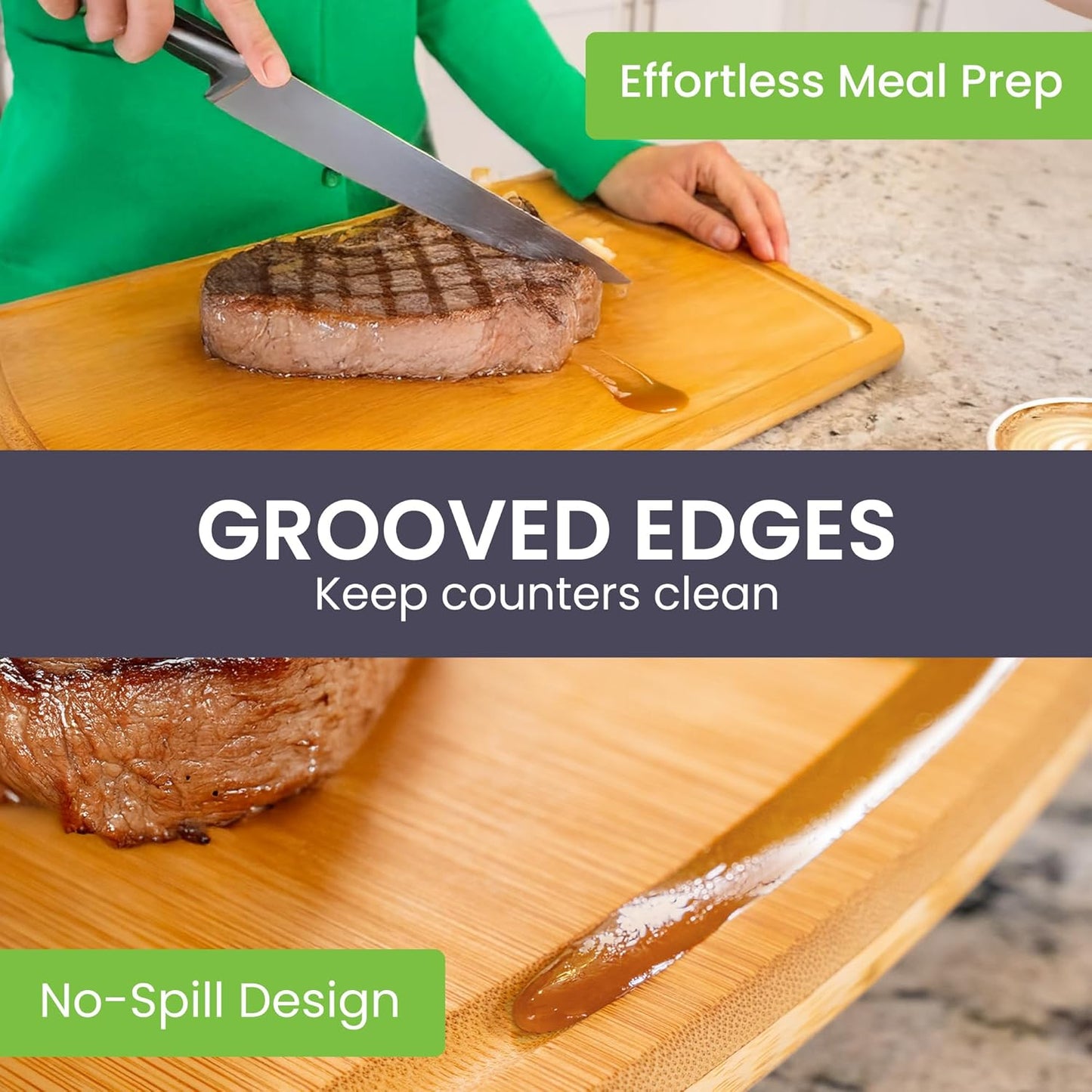 Glue-Free Surface™ Extra Large Bamboo Cutting Board Set – for Chopping Vegetables, Carving Meat, Slicing Bread, and Serving Cheese & Charcuterie for Safer Family Meal Prep – for Health Conscious Chefs