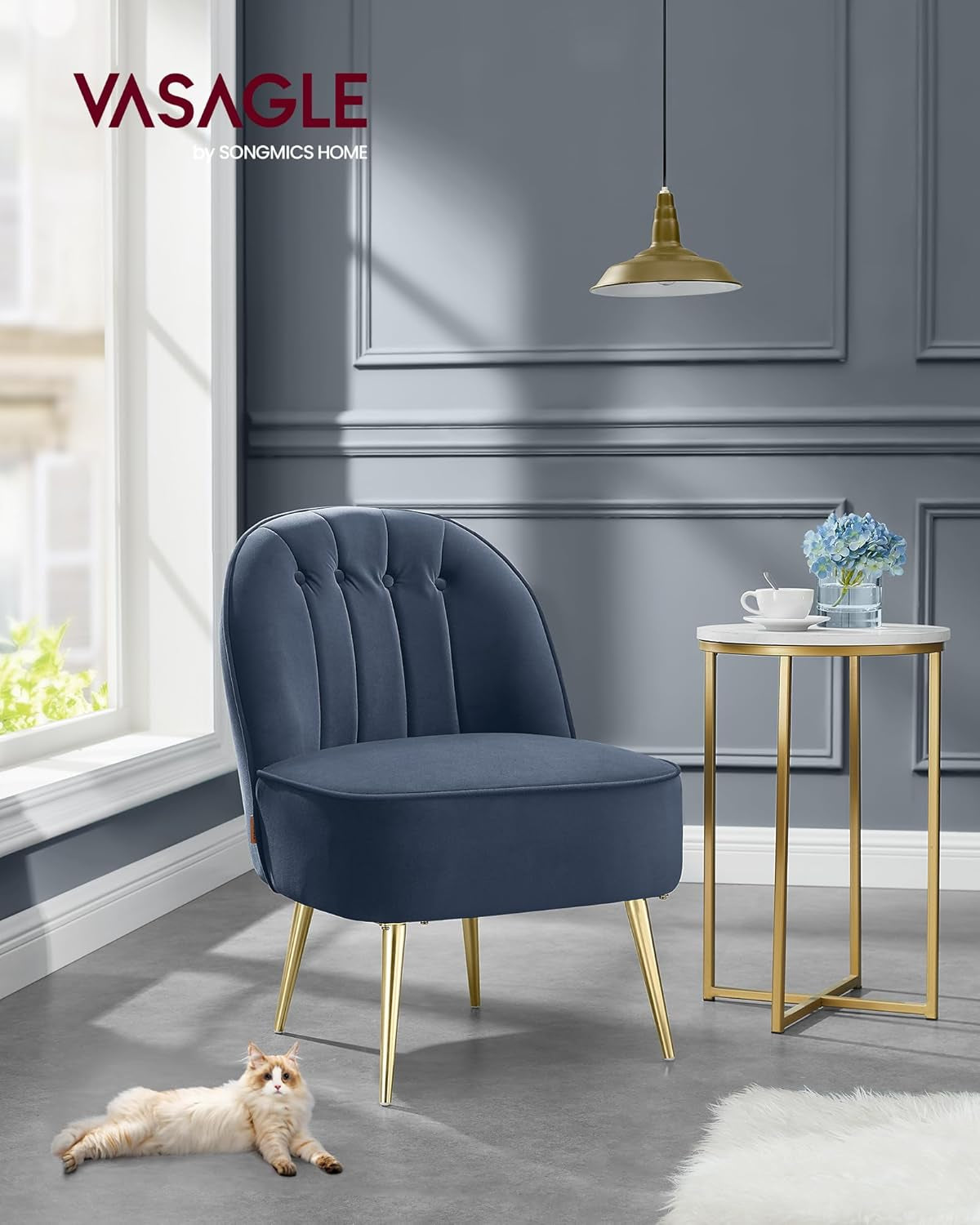 Accent Chair, Velvet Vanity Chair with Metal Legs, Shell-Shaped Back, Wide Seat, Luxury Style, Comfy Chair for Living Room, Bedroom, Makeup Room, Office, Charcoal Blue ULAC017Q01