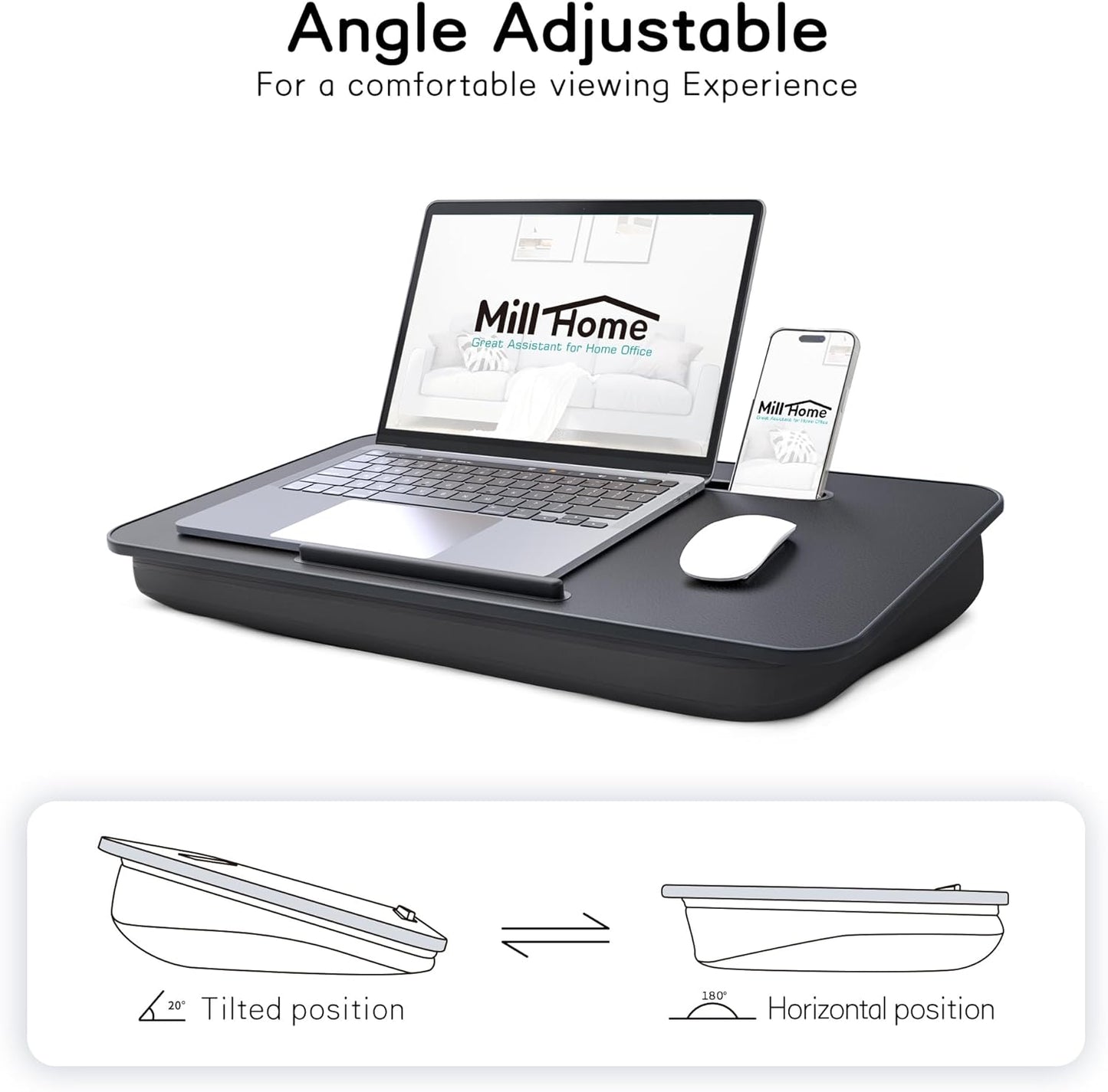 Black lap desk with cushion, tray and phone holder, view 8