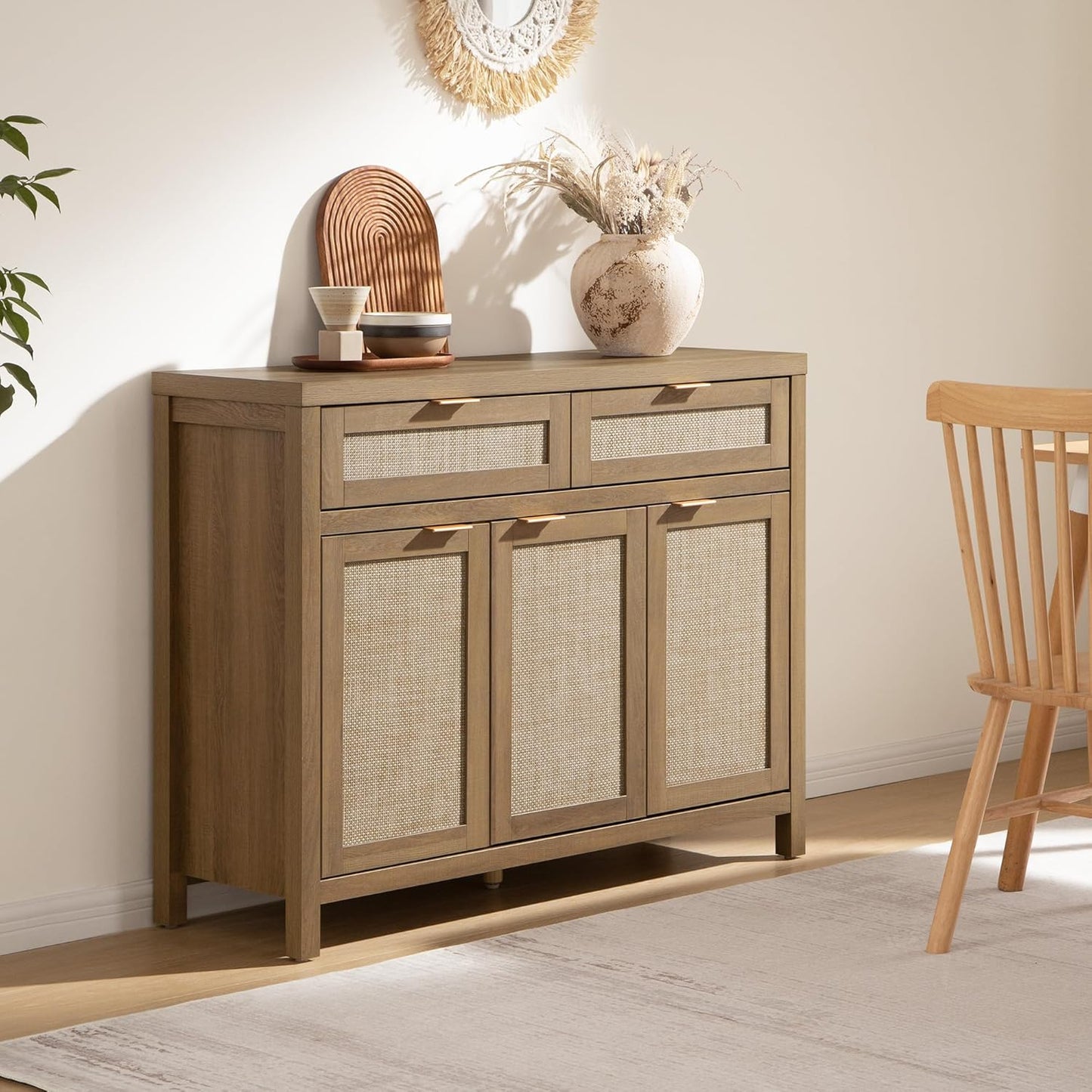 Rattan Sideboard Buffet Cabinet with Storage, Boho Credenza Accent Cabinet with 3 Doors and 2 Drawers, Farmhouse Console Coffee Bar for Kitchen, Living Room, and Entryway, Caramel Oak