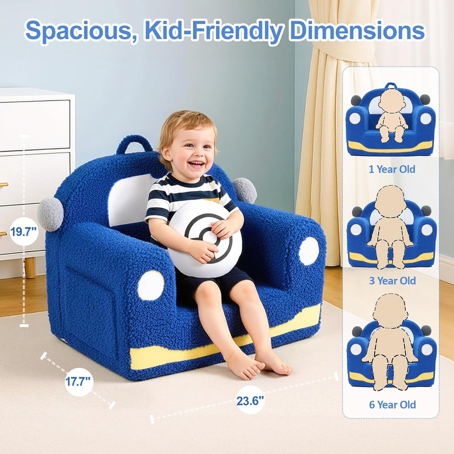 Toddler Chair for Ages 1–6, Soft Sherpa Kids Sofa with Book Pocket & Carry Handle, Comfy Single-Seat Couch for Playroom or Bedroom, Birthday Gift for Boys (Car)