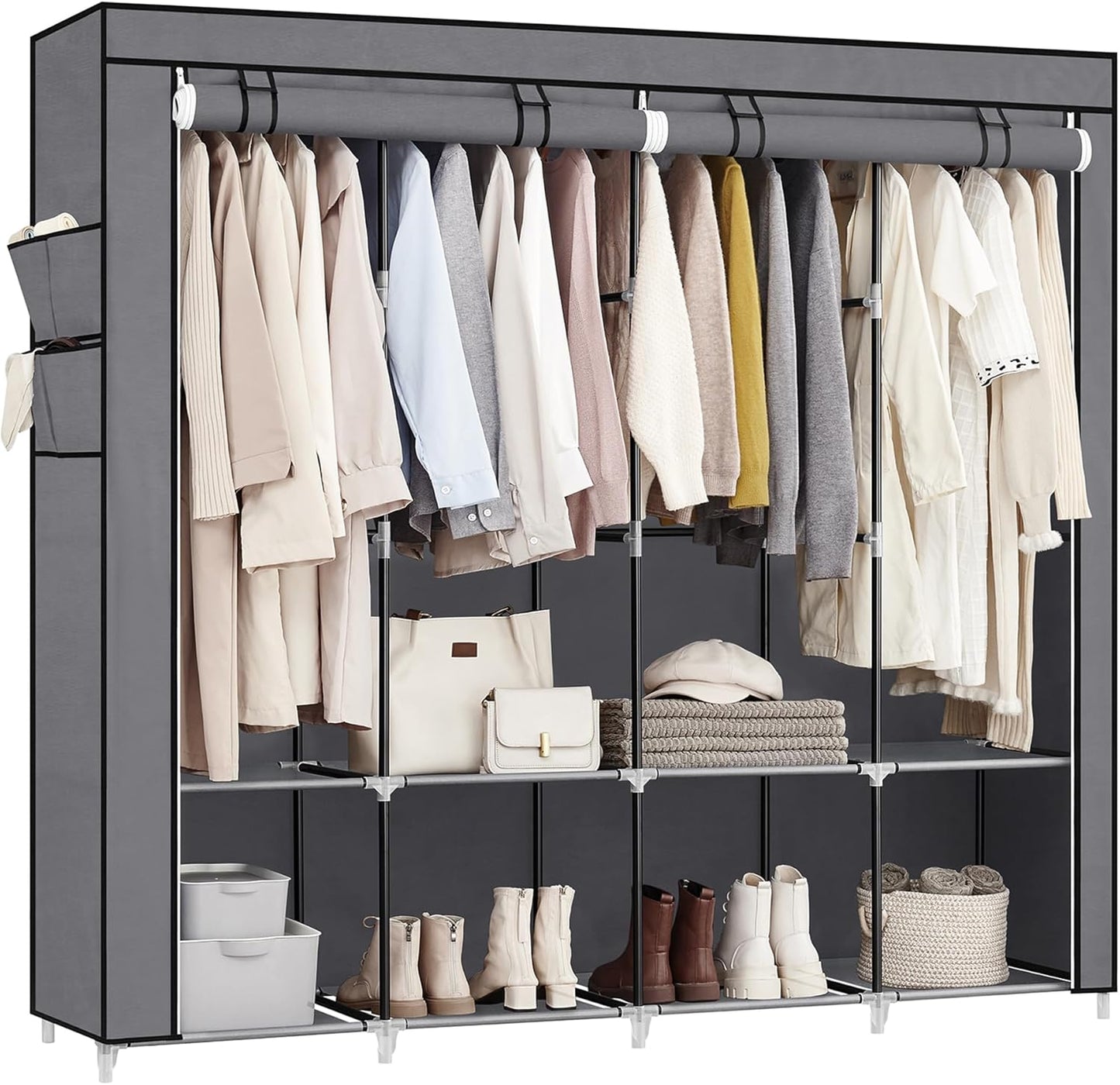 Portable Closet, Wardrobe Closet Organizer with Cover, 3 Hanging Rods and Shelves, 4 Side Pockets, 51.2 X 17.7 X 65.7 Inches, Large Capacity for Bedroom, Living Room, Ink Black URYG092B02