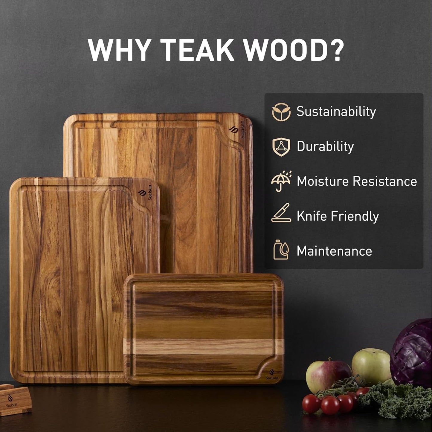 3 Pack Teak Wood Cutting Board Set for Kitchen Charcuterie Board Serving Heavy Duty Non Toxic Slip over Sink Solid Thick Haus Wooden Chopping Board Large Big Small Meat Best Kitchen Essential Gift