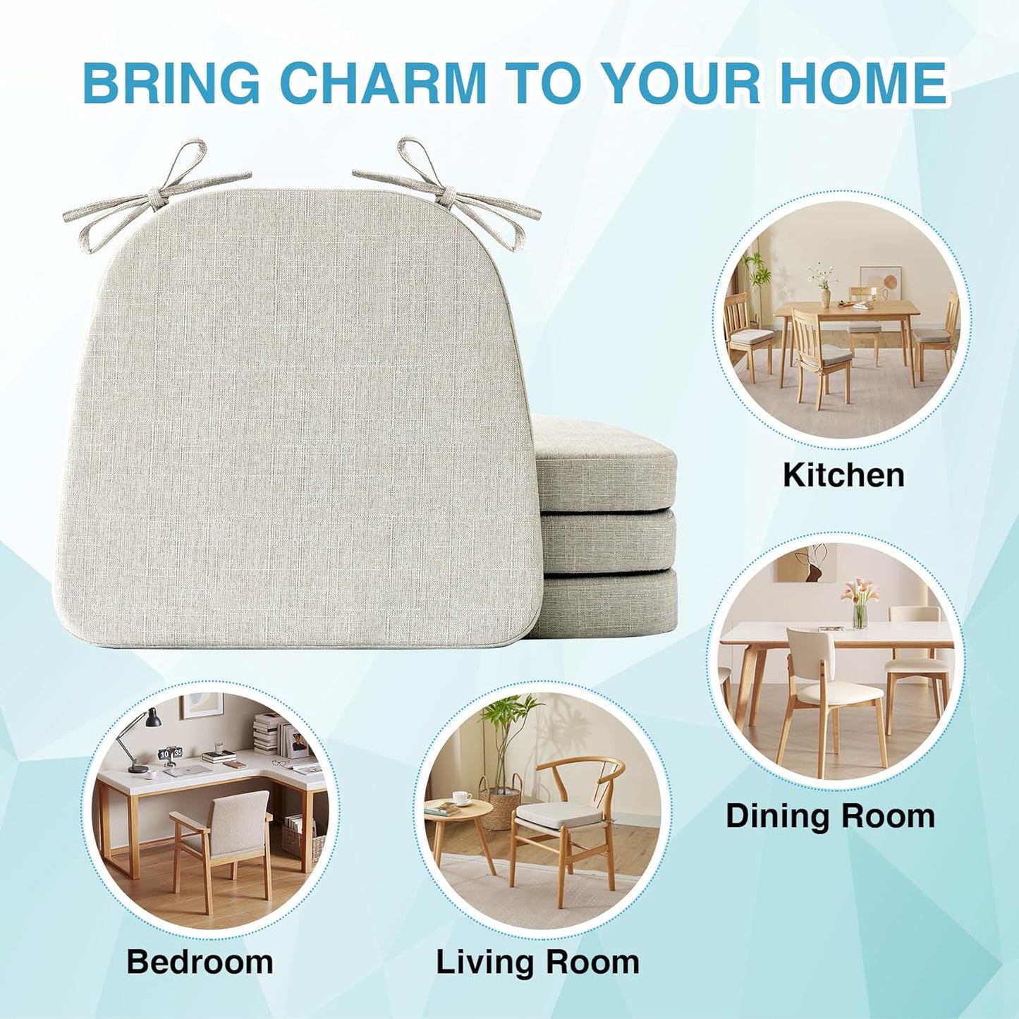 Chair Cushions for Dining Chairs Set of 4, Non Slip Kitchen Chair Pads, 17" X 16" X 2", Indoor Dining Chair Cushions with Ties, D-Shaped Seat Cushions for Kitchen Chairs, Beige