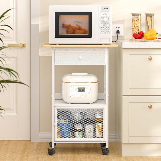 4 Tier Kitchen Island with Cabinet, Microwave Cart with Storage, Small Rolling Kitchen Cart with Drawer, Coffee Bar Station on Wheels for Living Room, White