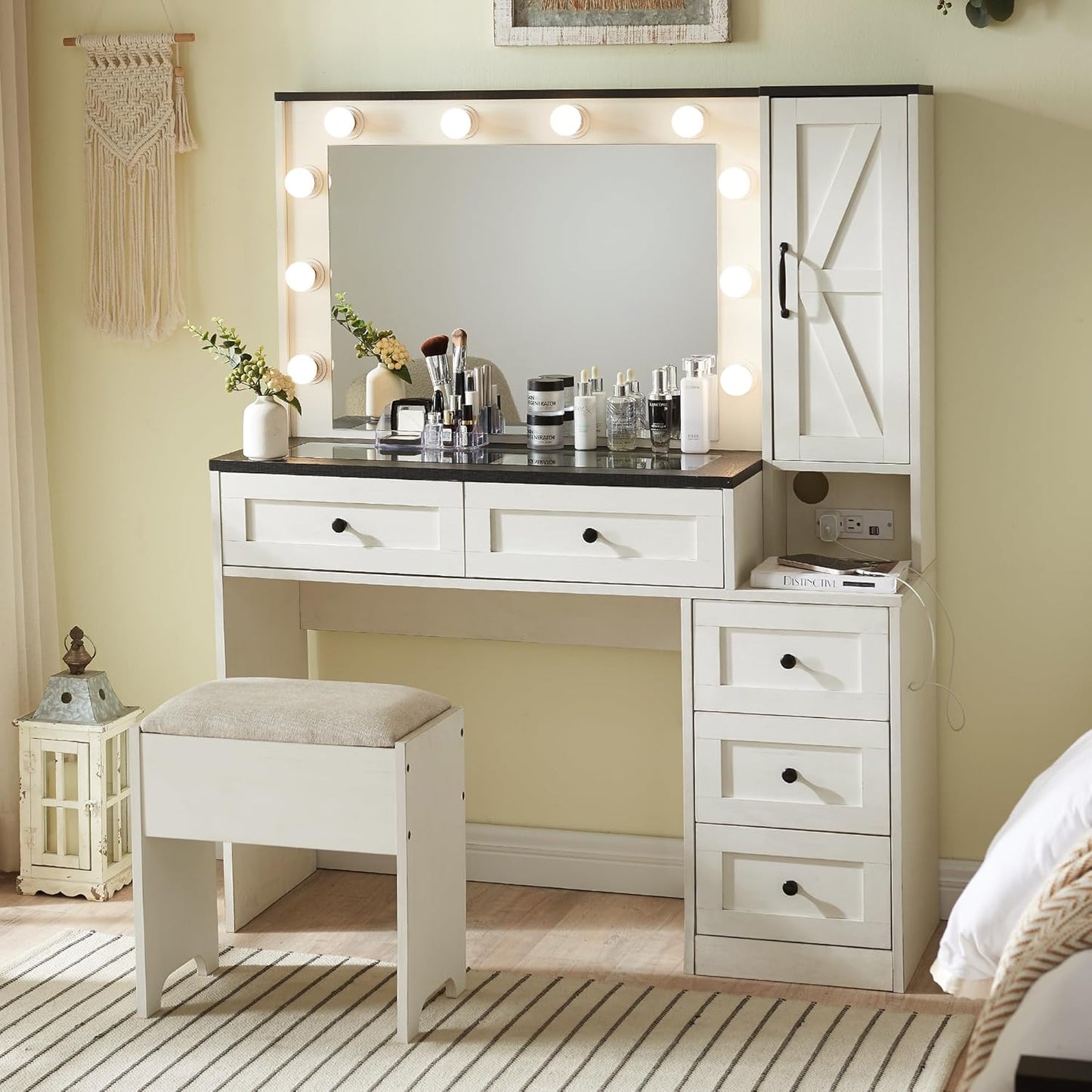 Farmhouse Vanity Makeup Desk with Charging Station, 43" W Vanity Desk with Lights Mirror and Drawers for Makeup, Big Modern Makeup Table Set with Stool for Bedroom, off White