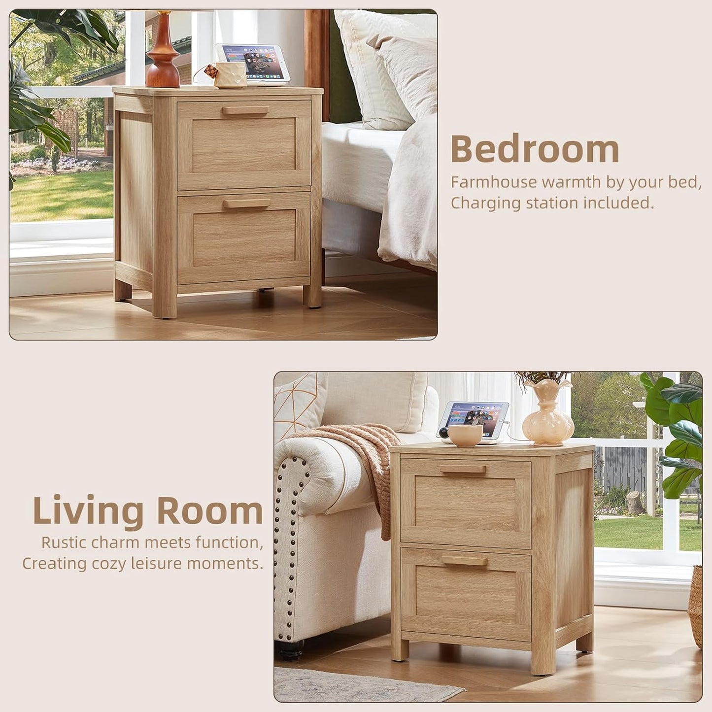 Farmhouse Nightstand with Charging Station, End Tables Bedroom with 2 Large Drawers & 4 Thickened Table Legs, Natural Wood