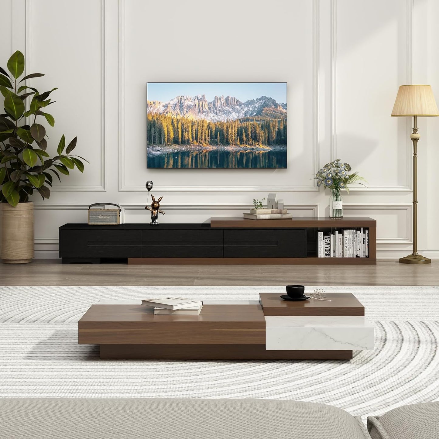 Extendable TV Stand, Modern Entertainment Center for up to 120 Inch TV, Wood Reversible TV Media Console with 3 Drawers for Living Room Bedroom, 82-110"(Black& Walnut)